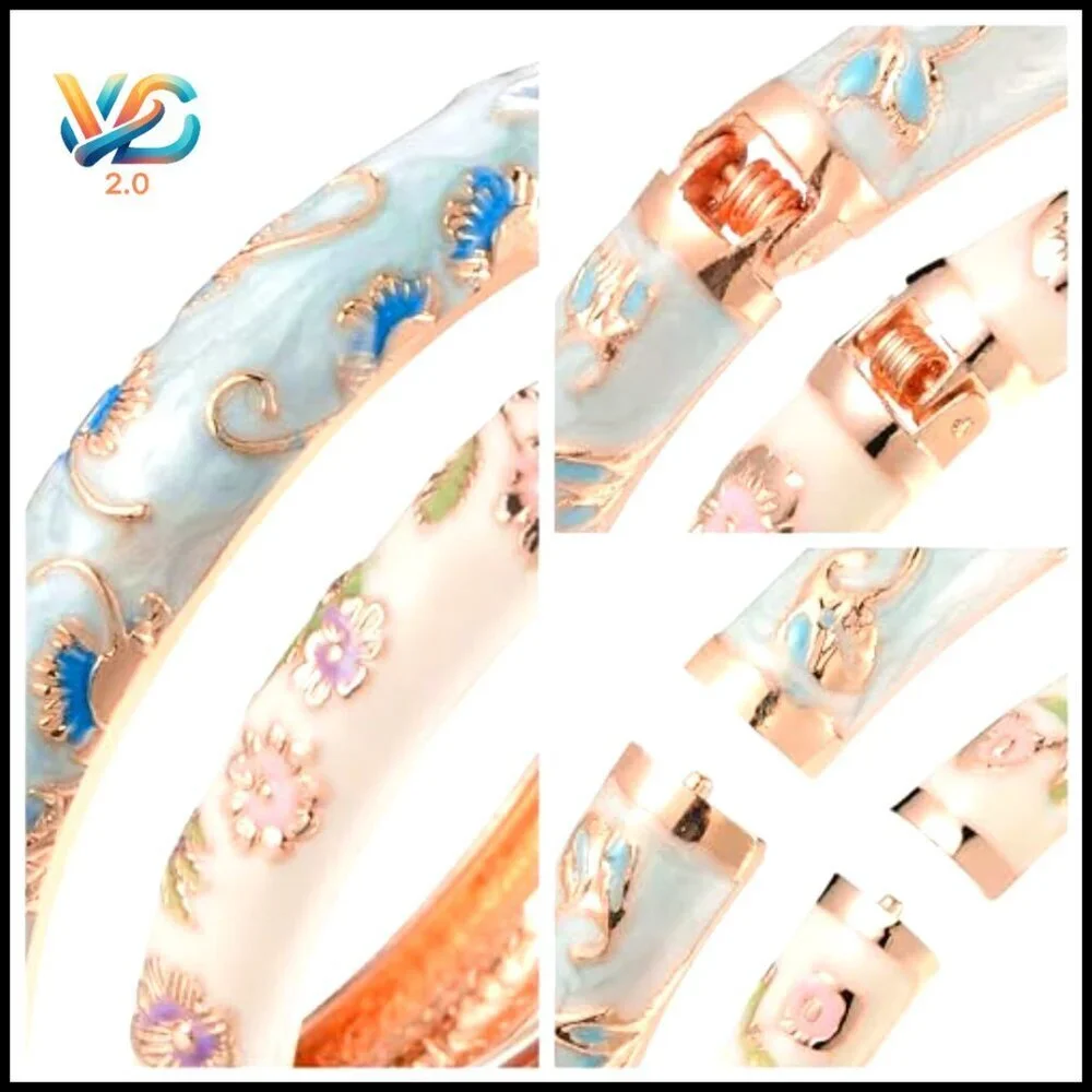 Vintage Cloisonne Cuff Bangles Enameled Flower Jewelry Elegant Retro Set